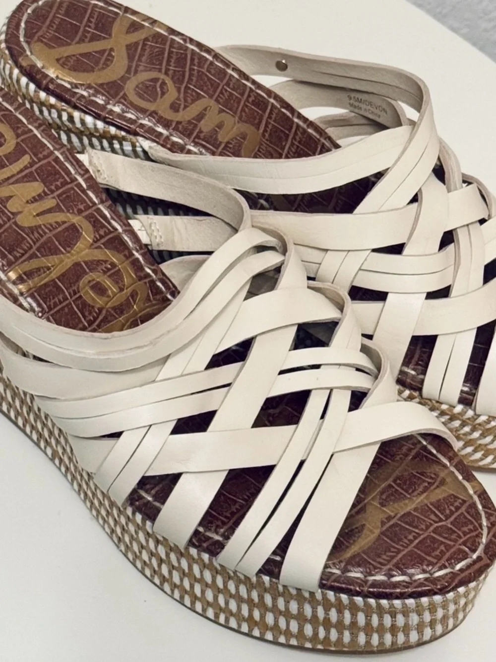 Sam Edelman Devon Wedge Sandals 9.5 Cream Strappy Woven Platform Like New
